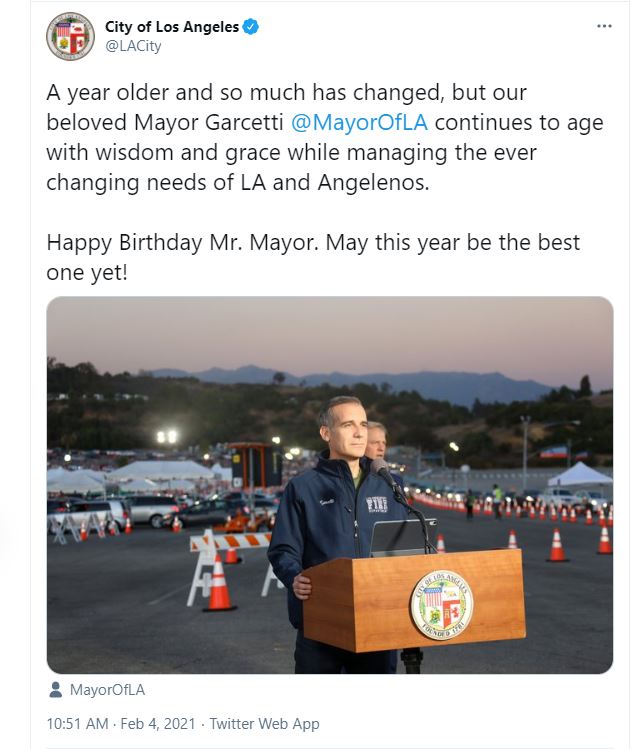 A screenshot of a City of LA tweet with birthday wishes for Garcetti