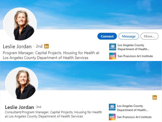 Screenshots of Jordan's LinkedIn profile that shows a change in titles