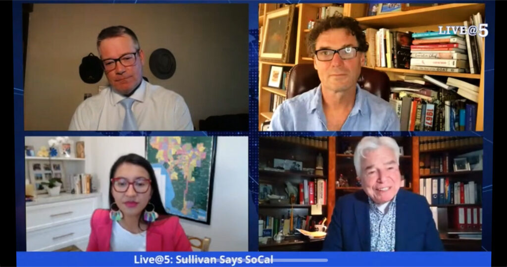 A screenshot from LIVE@5 with Sullivan, Eshman, Vasquez and Aitken on screen