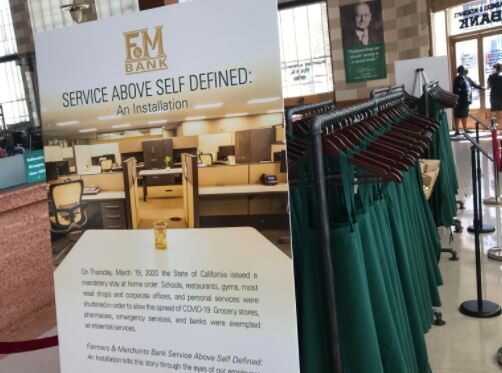 A photo of a rack of aprons at F&M Bank