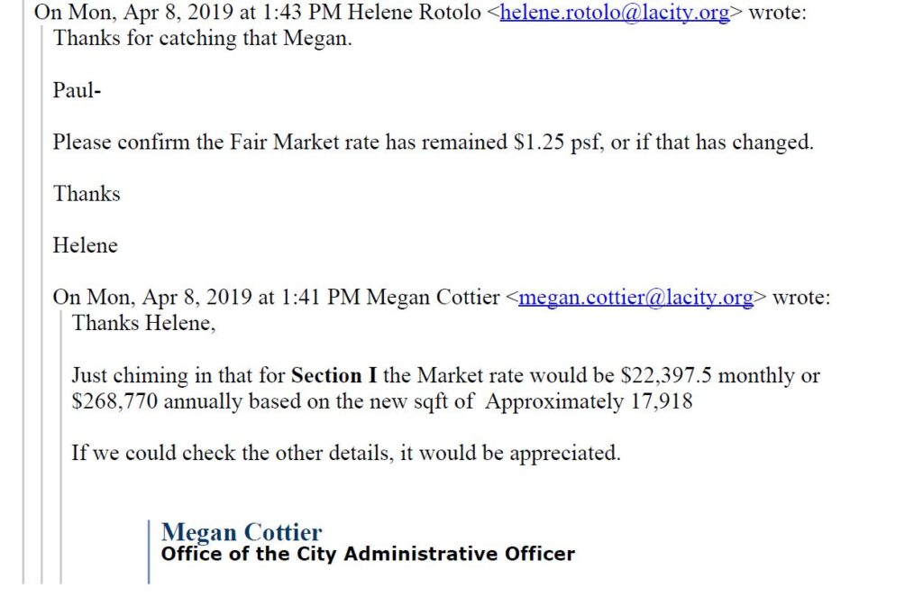A screenshot of an email thread discussing per-square-foot market rates
