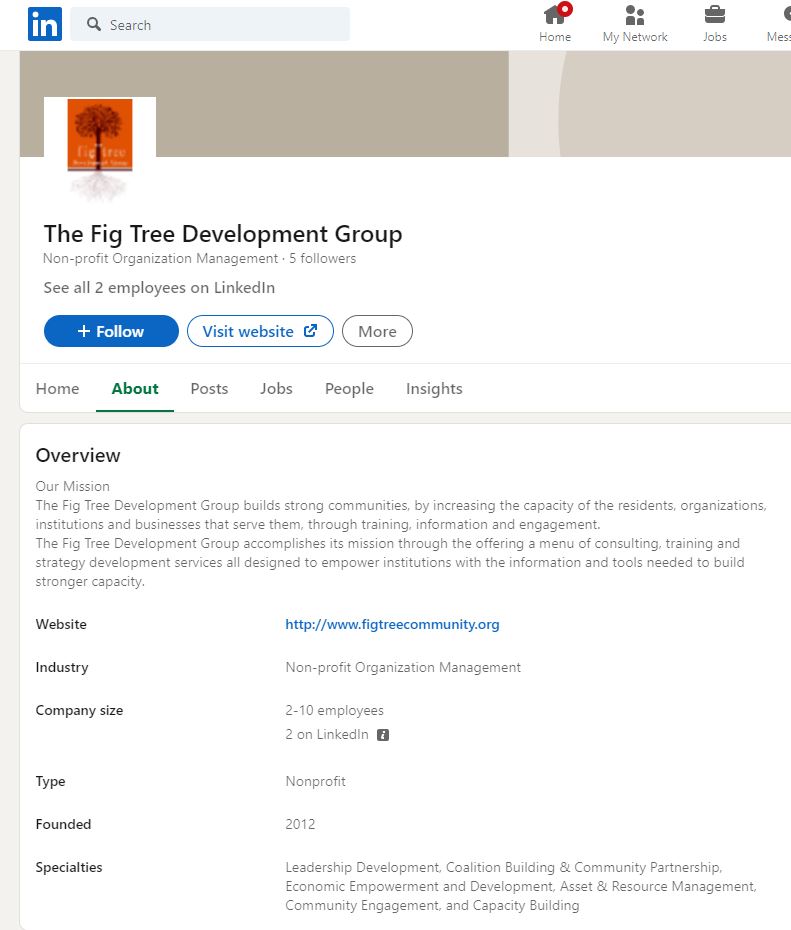 A screenshot of The Fig Tree Development Group LinkedIn profile as of 090221