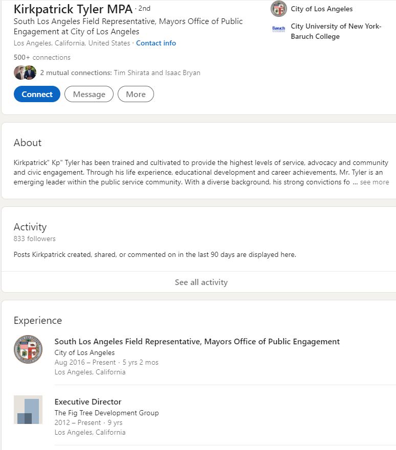 A screenshot of Kirkpatrick Tyler's LinkedIn profile as of 090221