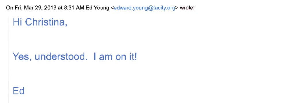 A screenshot of an email from Young to Miller