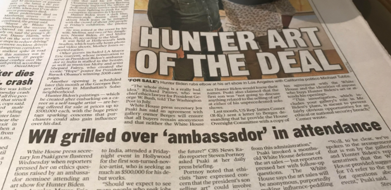 A photo of a story in the NY Post about Garcetti's attending Hunter's art show