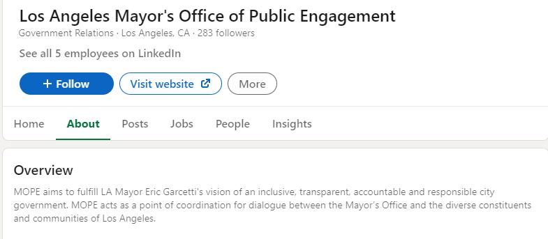 A screenshot of the LinkedIn profile for Mayor's Office of Public Engagement