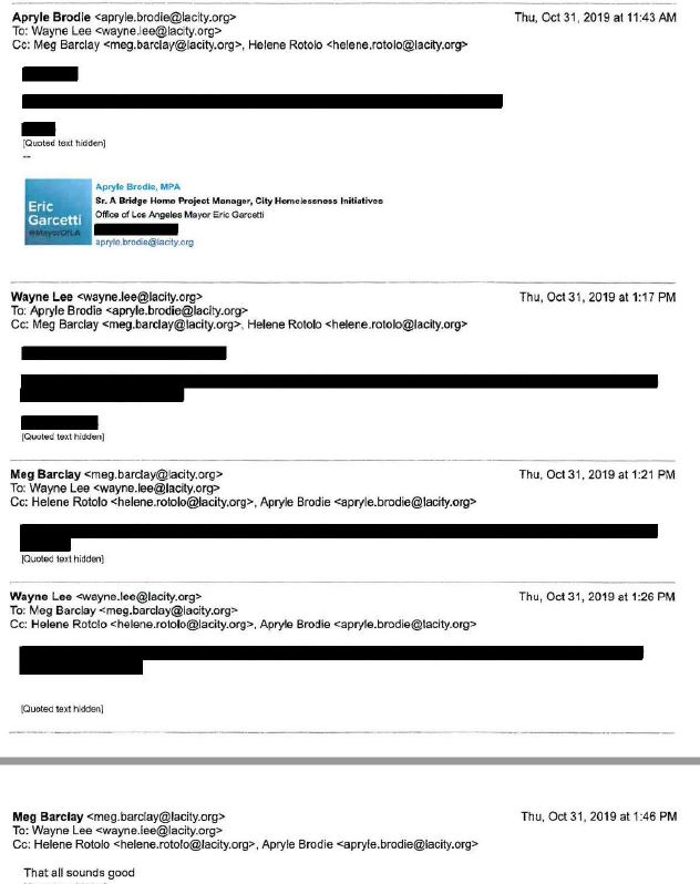 A screenshot of an email chain with all email messages redacted 