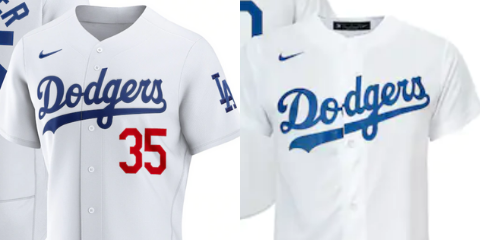 Photos of the Dodgers uniform with the left showing the red number and the right without the number
