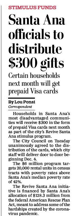 A screenshot of the OC Register article on the City of Santa Ana program